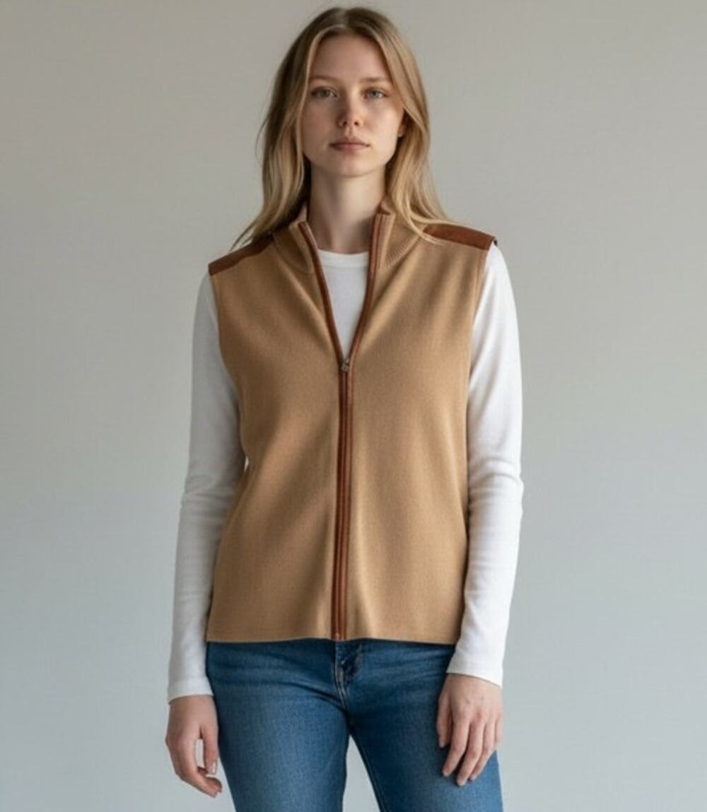 Lauren Ralph Lauren Vest M Camel Knit Leather Trim Full Zip Mock Neck